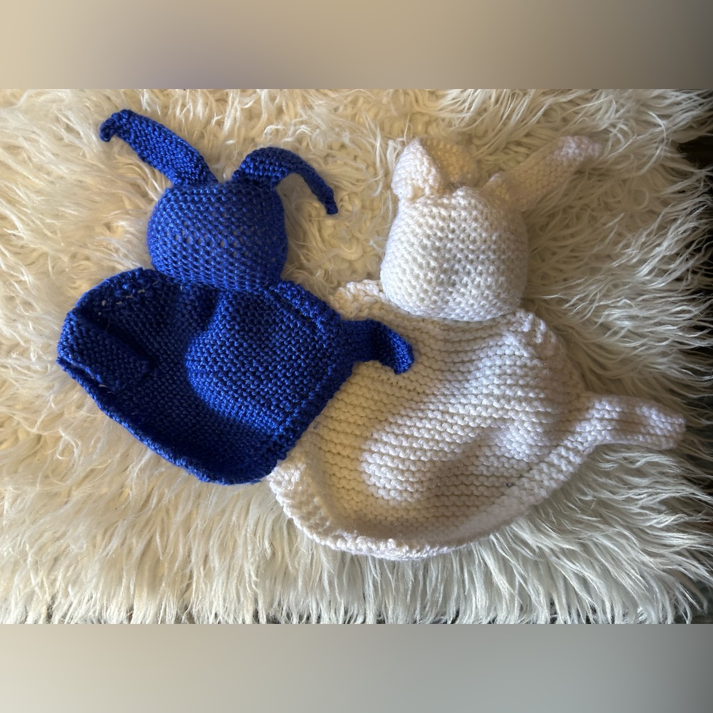 2 Hand knit crochet lovey comfort toys bunny bunnies rabbits